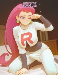 1futa 2025 ai_generated arm_support artist_name blush earrings futanari hair_slicked_back hi_res high_quality high_resolution highres jessie_(pokemon) jewelry long_hair novalust one_eye_closed patreon patreon_username pokemon solo stable_diffusion team_rocket very_long_hair watermark