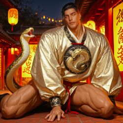 ai_generated athletic_male bara bottomless chinese_clothes dark_hair gay handsome male_only muscular_legs muscular_male naked_from_the_waist_down partially_clothed partially_clothed_male partially_nude partially_undressed smiling_at_viewer solo_male zodoai