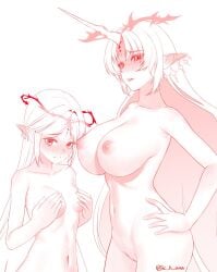 2girls blush breasts cartethyia_(wuthering_waves) closed_mouth commentary completely_nude covering_breasts covering_privates crown_of_thorns dual_persona ear_blush earrings fleurdelys_(wuthering_waves) floating_earrings hana_yeon hand_on_own_hip height_difference highres horns jewelry large_breasts long_hair long_horns long_pointy_ears looking_at_viewer medium_breasts multiple_girls navel nipples nose_blush nude parted_bangs parted_lips partially_shaded_face pointy_ears pussy sidelocks simple_background single_horn stomach tacet_mark_(wuthering_waves) tearing_up twitter_username very_long_hair white_background wuthering_waves