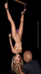 blonde_hair bondage chain-man clit_piercing dark-skinned_male dildo dildo_in_pussy female male nipple_piercing pierced_clitoris pierced_nipples piercing spit spitting spitting_in_mouth spitting_on_face suspended upside-down whip_marks white_female