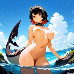 (titancore) ai_generated animal_humanoid beautiful_female big_breasts black_hair choker clean_pussy clouds curvy_figure ellen_joe female girl hair_ornament hairclip maid monster_girl multicolored_hair nipples ocean outside pussy red_eyes red_hair sea shark_girl shark_humanoid shark_tail short_hair video_game_character water waves wet_body wet_skin zenless_zone_zero