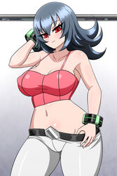 armpits belt blue_hair bracelets breasts croptop female female_focus female_only game_freak gym_leader leggings looking_at_viewer medium_hair nintendo pants pink_crop_top pokemon pokemon_hgss pokemon_rgby red_eyes sabrina_(pokemon) sabrina_(pokemon_hgss) smile solo_female thighs voluptuous yensh