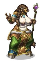 absurd_res anthro big_breasts blizzard_entertainment bottomwear bovid bovine breasts brown_body brown_hair brown_nipples clothing druid ear_piercing ear_ring exposed_breasts female green_eyes hair hi_res hooves horn jewelry lighter_belly magic_user mammal muscular necklace nipples piercing revilgaz ring_piercing skirt solo staff tail tauren tribal_spellcaster warcraft