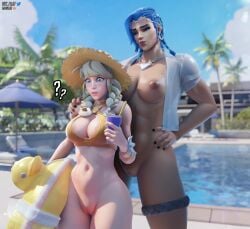 2girls 3d blender blizzard_entertainment bra breasts female hasfeldt hi_res junker_queen mercy overwatch pussy size_difference tagme