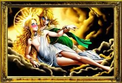 2boys ai_art ai_generated bare_legs black_lipstick black_makeup black_nails blue_eyes blush caged_cock chastity_cage choker clouds crossdressing divine dominant_male elf_ears embarassed femboy femboy_on_femboy femboydom feminine_male feminization flowing_hair flushed frame fresco glowing_eyes glowing_hair goddess gold_hair grabbing_wrists halo holding_hands hylian link link_(breath_of_the_wild) link_(tears_of_the_kingdom) lipstick long_hair male/male male_only michelangelo nintendo novelai original_character outline painting renaissance sissy sky slender_body smirk surprised_expression sweat the_legend_of_zelda trap triforce tunic twink yaoi