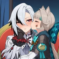 2girls ai_generated animal_ear_fluff animal_ears aqua_bow arlecchino_(genshin_impact) bangs black_eyes black_gloves black_hair blunt_bangs blush bow cat_ears cat_girl chair closed_eyes clothing facial_mark female genshin_impact gloves grey_hair hair_between_eyes hand_on_own_cheek hand_on_own_face huge_bow kissing kissing_cheek long_hair long_sleeves lynette_(genshin_impact) multicolored_hair multiple_girls one_eye_closed parted_lips red_pupils shaddai short_hair star_(symbol) star_facial_mark streaked_hair symbol-shaped_pupils two-tone_hair upper_body white_hair white_jacket x-shaped_pupils yuri
