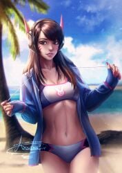 adapted_costume animal_print axsens beach bikini blue_bikini blue_jacket blue_sky breasts brown_eyes brown_hair cleavage clothing cloud cloudy_sky collarbone d.va_(overwatch) day facepaint facial_mark female fingerless_gloves fingernails gloves headphones jacket lips long_hair long_sleeves looking_at_viewer makeup medium_breasts midriff nail_polish navel nose ocean open_clothes open_jacket outdoors overwatch palm_tree parted_lips pink_lips pink_nails rabbit_print sand sky small_breasts smile solo sports_bikini standing stomach swept_bangs swimsuit teeth toned tree water whisker_markings zipper