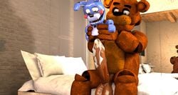 2boys 3d animatronic balls bear bedroom big_balls big_penis cum_dripping_from_penis cum_on_penis erection five_nights_at_freddy's five_nights_at_freddy's:_sister_location freddy_(fnaf) gay genital_fluids genitals holding looking_down male male_only mirror nsfwfrasty21 penis puppet_bonnie_(fnafsl) rabbit robot sitting sitting_on_bed video_games