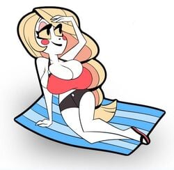 1girls bathing_suit big_breasts blonde_hair breasts bursting_breasts busty charlie_morningstar_(hazbin_hotel) curvy cute demon demon_girl female hazbin_hotel huge_breasts legs official_artwork_edit solo straight_hair swimsuit tight_clothing underground_(artist) white_skin