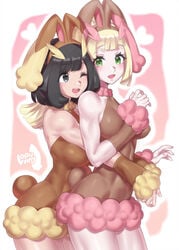 2girls black_eyes black_hair blonde_hair blush breasts bunny_ears bunny_girl bunnysuit clothed cosplay evuoaniramu female female_only green_eyes happy hugging hugging_from_behind lillie_(pokemon) lopunny_(cosplay) mizuumi_(bb) pokemon pokemon_(cosplay) pokemon_sm selene_(pokemon) wink yuri