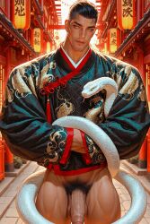 ai_generated athletic_male bara bottomless chinese_clothes dark_hair gay handsome male_only muscular_legs muscular_male naked_from_the_waist_down partially_clothed partially_clothed_male partially_nude partially_undressed smiling_at_viewer solo_male zodoai