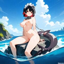 (titancore) ai_generated animal_humanoid beautiful_female big_breasts black_hair choker clean_pussy clouds curvy_figure ellen_joe female girl hair_ornament hairclip maid monster_girl multicolored_hair nipples ocean outside pussy red_eyes red_hair sea shark_girl shark_humanoid shark_tail short_hair video_game_character water waves wet_body wet_skin zenless_zone_zero