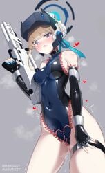 bare_shoulders blonde_hair blue_archive blue_leotard blush breasts collarbone covered_navel elbow_gloves fingerless_gloves gloves halo heart heart-shaped_pupils highres impossible_clothes impossible_leotard leotard living_clothes long_hair looking_at_viewer maguro27 maid_headdress medium_breasts ohhoai open_mouth pussy_juice saliva saliva_trail skin_tight skindentation symbol-shaped_pupils tentacle_clothes thigh_strap toki_(blue_archive) turtleneck turtleneck_leotard