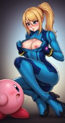 1boy1girl ai ai_generated blonde_female blonde_hair blonde_hair_female blue_bodysuit blue_eyes bodysuit breasts breasts_out crossover dark_background drool_on_face drooling female kirby kirby_(series) male metroid nintendo nipples ponytail quinzo11 request requested samus_aran self_upload undressing zero_suit zero_suit_samus