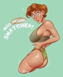 ass atlantis:_the_lost_empire brown_hair disney genderswap_(mtf) glasses implied_transformation large_breasts milo_thatch musclemommy167 pulling_own_clothes rule_63 short_hair