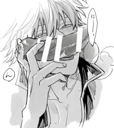 2boys bar_censor blush erection fellatio gay gintama gintoki_sakata glans_stimulation licking_penis looking_at_viewer male male_only monochrome oral penis sakurana solo_focus yaoi