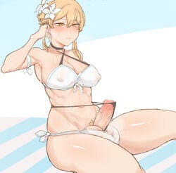 1futa armpits ball_squish balls big_balls big_breasts big_penis bikini blonde_hair blush breasts censored clothed clothing flower_in_hair futa_only futanari genshin_impact hair_ornament human large_testicles light-skinned_futanari light_skin lumine_(genshin_impact) masso_nullbuilt mostly_nude nipple_bulge pale_skin penis sitting solo testicles thick_thighs thighs veiny_penis