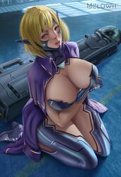 1girls 2020 alien alien_girl ariadna_(metal_slug) big_breasts blonde_hair cap female green_eyes looking_at_viewer melowh metal_slug metal_slug_attack purple_bra purple_panties realistic rocket_launcher room seductive short_hair sitting snk solo solo_focus weapon