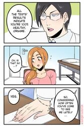 1boy 1girls black_hair bleach blue_eyes blush brown_eyes comic dangerousbride dialogue doctor english_text female glasses hi_res inoue_orihime male orange_hair patient short_hair speech_bubble tied_hair uryu_ishida