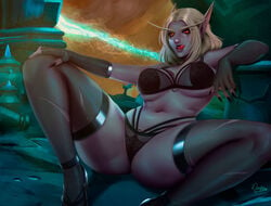 1girls ass black_panties blonde_hair breasts cleavage darkra elf female_only gloves glowing_eyes licking licking_lips lingerie long_eyebrows looking_at_viewer mawsworn navel panties pointy_ears realistic red_eyes runny_makeup sharp_nails sitting solo stockings sylvanas_windrunner the_maw_(warcraft) thighhighs tongue torn_clothes torn_legwear torn_thighhighs warcraft world_of_warcraft