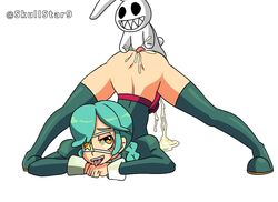 annie_(skullgirls) ass cum cum_in_pussy cum_inside ejaculation eyepatch from_behind green_hair green_thigh_boots jack-o_pose plushophilia sagan_(skullgirls) skullgirls skullstar9 stockings stuffed_animal thigh_boots tongue_out twin_braids yellow_eyes