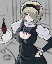 big_breasts blush blushed cleavage closed_mouth danganronpa danganronpa_v3 embarrassed embarrassment female female_focus female_only green_eyes green_hair hair_accessory hand_on_hip holding_object looking_at_another looking_away maid maid_headdress maid_uniform pale-skinned_female pale_skin safe sensual simple_background solo solo_female solo_focus straight_hair toujou_kirumi trizzz young