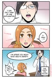 1boy 1girls black_hair bleach blue_eyes blush brown_eyes comic dangerousbride dialogue doctor english_text female glasses hi_res inoue_orihime male orange_hair patient short_hair speech_bubble tied_hair uryu_ishida