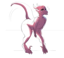 bedroom_eyes bitesize_art claws drooling flat_chest flat_chested heart-shaped_pupils heart_eyes horn horns kobold leaning_forward looking_at_viewer raptor scalie sketch tail tongue tongue_out