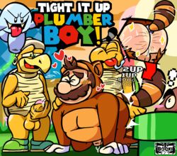 2021 5boys anthro balls boo_(mario) closed_eyes clothing costume el_booki english_text facial_hair fursuit gay genitals group hammer_bros. hi_res human human_on_anthro humanoid_genitalia humanoid_hands humanoid_penis interspecies koopa koopa_troopa male male/male male_only mammal mario mario_(series) masturbation moustache nintendo overweight overweight_male penis scalie super_mario_3d_land tanooki_mario text tongue tongue_out video_games white_body