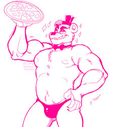 2020 5_fingers absurd_res animal_humanoid anthro anthro_only anthrofied arms bara barazoku bear belly biceps black_eyebrows black_nose black_underwear bowtie briefs bulge butt chest_fur chest_tuft chubby claws dad_bod dadbod five_nights_at_freddy's food freddy_(fnaf) fur furry half-closed_eyes hand_on_hip headwear hi_res high_resolution highres holding holding_object humanoid hunk latex latex_underwear legs littlegeecko long_taglist male male_only male_stripper mammal manly moobs motion_lines nipples partially_clothed partially_nude pecs penis_bulge pepperoni pepperoni_pizza pizza pose presenting pubic_hair_peek seductive seductive_smile sharp_teeth shinny sketch slightly_chubby smiling solo sparkles stars stripper teeth thick_eyebrows thong top_hat topless topless_anthro topless_male twitter_username underwear unfinished ursid video_games watermark