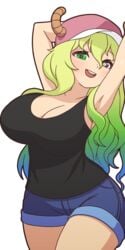 arms_behind_head big_breasts black_tank_top blonde_hair blue_hair cleavage clothing color colored dragon dragon_girl green_hair hair_between_eyes hat heterochromia horns looking_at_viewer manyakis miss_kobayashi's_dragon_maid multicolored_hair open_smile quetzalcoatl_(dragon_maid) shorts tagme tank_top transparent_background