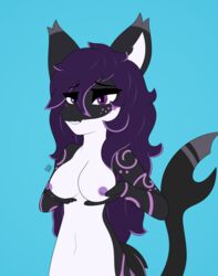 absurd_res animated anthro breast_play breasts female fish hair hi_res holding_breast looking_at_viewer marine markings max_draws nipples one_eye_closed open_mouth purple_eyes purple_hair shark simple_background solo tailwag wink