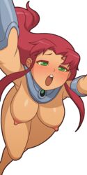 1girls big_breasts breasts choker clothing color colored dc female female_only green_eyes green_sclera handwear large_breasts manyakis nipples nude pinup red_hair solo solo_female starfire tagme teen_titans transparent_background