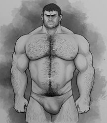 1boy bara beard black_and_white bulge chris_redfield hairy hairy_chest hairy_male huge_cock male male_only musclegut muscles muscular muscular_male no_visible_genitalia resident_evil resident_evil_8:_village solo solo_male spacebaddy