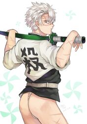 ass back_view bottomless clothing demon_slayer fundoshi haori hiero0301 kimetsu_no_yaiba looking_back male male_only no_eyebrows sanemi_shinazugawa scars solo sword thong white_hair