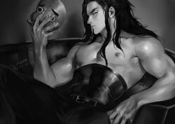 1boy alternate_costume close-up corset demon_slayer greyscale haganezuka_hotaru kimetsu_no_yaiba kzhma long_hair looking_at_viewer male male_only mask_removed monochrome muscular muscular_male painting_(artwork) pecs realistic sitting solo