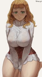 1girls 2021 artist_signature black_clover blonde_hair blush breasts clothed clothed_female female female_focus female_only green_eyes hi_res hips huge_breasts kneeling long_hair looking_at_viewer mimosa_vermillion nipples_visible_through_clothing shexyo simple_background slim_waist smile thick_thighs thighs white_background white_clothing wide_hips