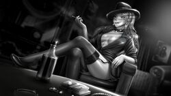 black_and_white boob_window chloe_(fap_ceo) collar fap_ceo high_heels legwear monochrome nutaku stockings