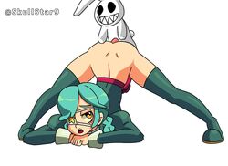 annie_(skullgirls) ass eyepatch from_behind green_hair green_thigh_boots jack-o_pose plushophilia sagan_(skullgirls) skullgirls skullstar9 stockings stuffed_animal thigh_boots twin_braids yellow_eyes