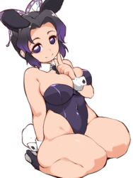 alternate_costume big_breasts black_hair bunny_ears bunny_tail bunnysuit butterfly_hair_ornament child_bearing_hips chubby chubby_female demon_slayer female female_only fukurou_(owl222) kimetsu_no_yaiba kneeling kochou_shinobu looking_at_viewer necktie plump purple_eyes seiza smile solo thick_thighs two_tone_hair wide_hips