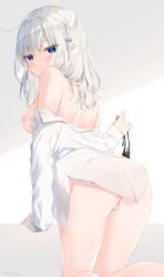 1girls back_view big_breasts black_panties blue_eyes blush decensored eyebrows_visible_through_hair female female_only functionally_nude holding_panties looking_at_viewer looking_back mafuyu_(chibi21) no_panties nopan see-through_clothing simple_background white_hair