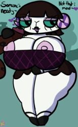 2020 animal_crossing bedroom_eyes big_areola big_breasts black_hair black_lipstick blue_sclera boots breasts bursting_breasts gloves goth hair horn horns kiss_mark klutzatdusk lipstick_mark lipstick_on_balls lipstick_on_penis muffy_(animal_crossing) nintendo nipple_bulge nipple_slip nipples sheep shortstack skimpy skirt