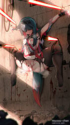 absurdres adjusting_hair after_rape after_sex after_vaginal animal_ears arknights blood breasts crucifixion cum dropping empty_eyes female full_body highres housou-chan hypnosis mind_control multicolored_hair pussy pussy_juice rope shirt small_breasts solo sword tail texas_(arknights) torn_clothes torn_legwear torn_shirt uncensored weapon white_shirt wolf_ears wolf_girl yellow_eyes