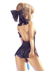 adjusting_clothes adjusting_swimsuit armband arms_at_sides artoria_pendragon artoria_pendragon_(alter) artoria_pendragon_(cosplay) ass backless_outfit backless_swimsuit backless_swimsuit_dress bare_back bare_shoulders black_armband black_bow black_hair_bow black_hair_ornament black_swimsuit blonde_hair bow braid braided_bun breasts candy choker clothing cowboy_shot dress fate/stay_night fate_(series) female female_only food frilled_swimsuit frills from_behind hair_bun hair_ornament hair_ribbon hairbow halterneck high_resolution kukuri_(ahagon) light-skinned light-skinned_female lollipop looking_at_viewer looking_back looking_back_at_viewer one-piece_swimsuit open-back_dress open_mouth pale_skin partially_visible_ass pixiv popsicle ribbon shoulder_blades sideboob simple_background small_breasts solo standing swimsuit swimsuit_dress swimsuit_tug tagme tied_hair white_background yellow_eyes