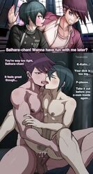 2boys abs anal anal_sex ass balls bara blue_hair burankoprn cum cum_in_ass cum_inside danganronpa danganronpa_v3 dialogue english_text french_kiss gay kissing making_out male male/male male_only male_penetrating male_penetrating_male momota_kaito muscular muscular_male pecs penis precum purple_hair saihara_shuuichi sex sitting_on_lap sitting_on_penis size_difference testicles text yaoi