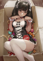 black_eyes black_hair blue_nails blush box breasts christmas_ornaments clothing corset dress female for_sale headdress headwear hjl in_box in_container ji_(pixiv_5518735) legs lingerie lips long_hair looking_at_viewer maid maid_headdress medium_breasts nail_polish original ribbon sale sketch small_breasts solo spread_legs tagme thighhighs two_side_up underwear white_legwear wrist_cuffs