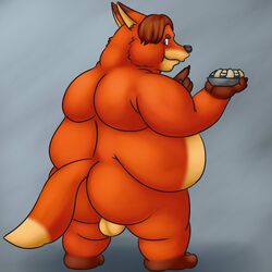 2017 anthro ass balls belly brown_hair canid canine dessert disney food fox genitals gideon_grey hair humanoid_hands male mammal obese obese_male orange_body overweight overweight_male pie simple_background solo thevillager zootopia