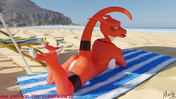 16:9 3d_(artwork) anthro anus bandai_namco beach beach_chair bedroom_eyes blender_(software) breast_grab breasts digimon digimon_(species) digital_media_(artwork) female genderswap_(mtf) guilmon hand_on_breast hiddenmask18 lidded_eyes looking_back narrowed_eyes raised_tail rule_63 scalie seaside seductive solo spread_legs spreading tongue tongue_out towel umbrella widescreen