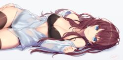 :3 artist_name bangs black_bra black_legwear black_panties black_underwear blue_eyes bra breasts brown_hair cleavage closed_mouth clothing dress_shirt earrings female female grey_background hair_between_eyes hand_on_hip haru_ato ichinose_shiki idolmaster idolmaster_cinderella_girls jewelry large_breasts long_hair long_sleeves looking_at_viewer lying on_side pantsu see-through shadow shirt sideways signature simple_background sleeves_past_wrists smile solo tagme thighhighs thighs unbuttoned unbuttoned_shirt underwear wavy_hair