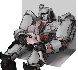 brown_hair cowgirl_position cum_inside flat_ass hand_on_ass megatron moaning original_character riding robot sitting_on_lap size_difference tattoo transformers two_tone_hair xenophilia